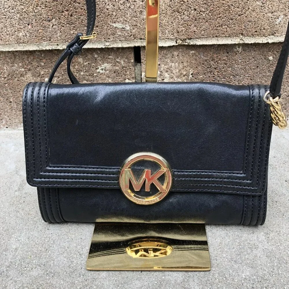 MICHAEL KORS Fulton Bombe Crossbody Purse Convertible Clutch Leather Bag Black‌